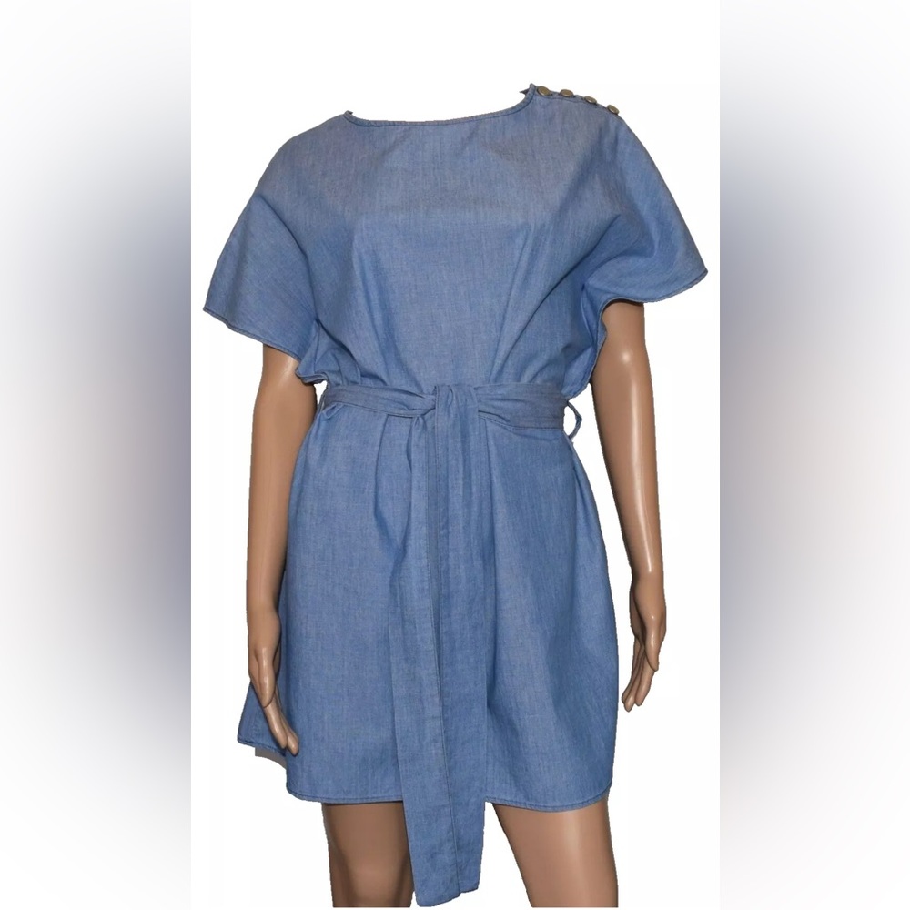 ZARA Basic 1975 Denim Blue Short Sleeve Tie Belt Cotton Dress